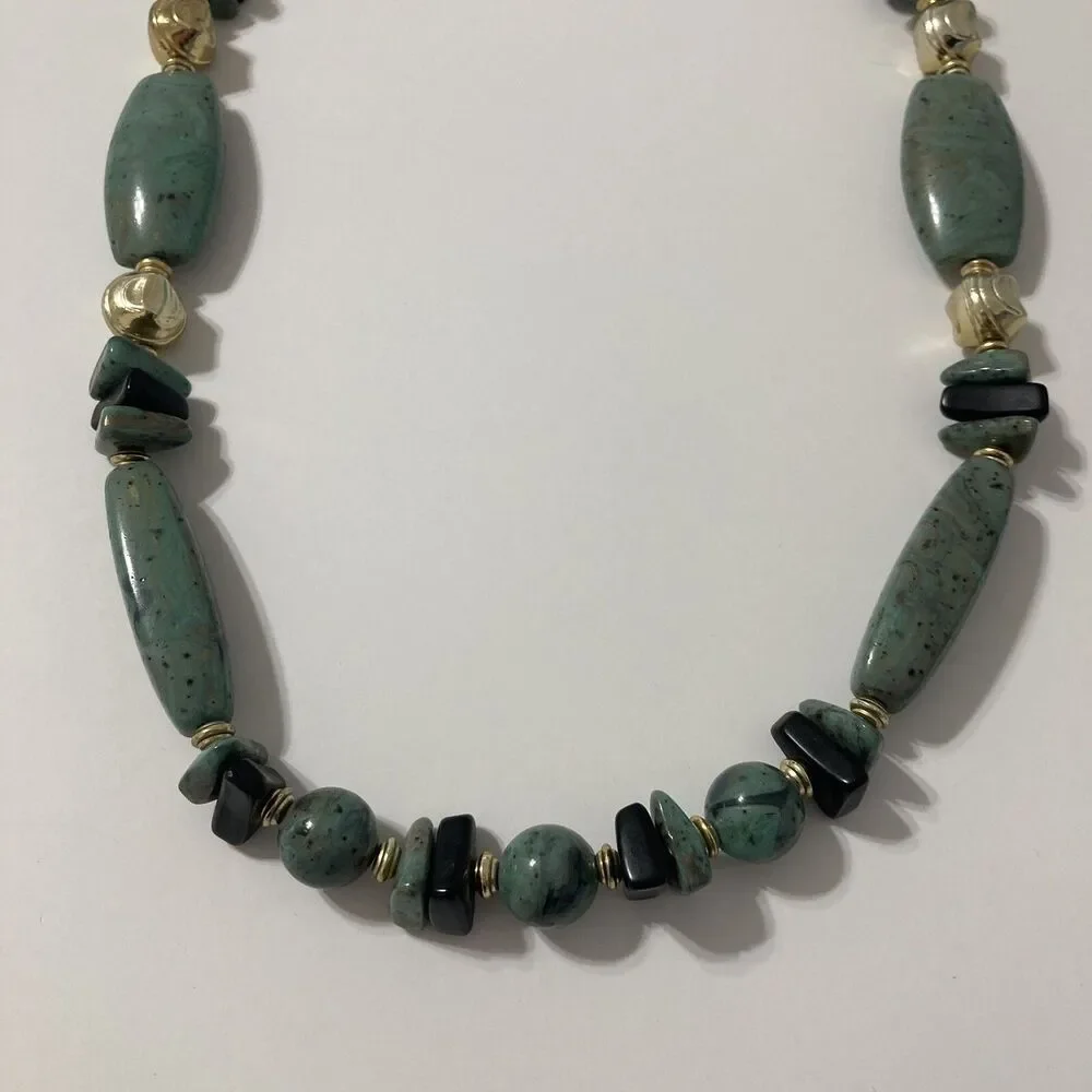 Green Black Gold Round Oval Faux Stone Long Beaded String Bohemian Necklace